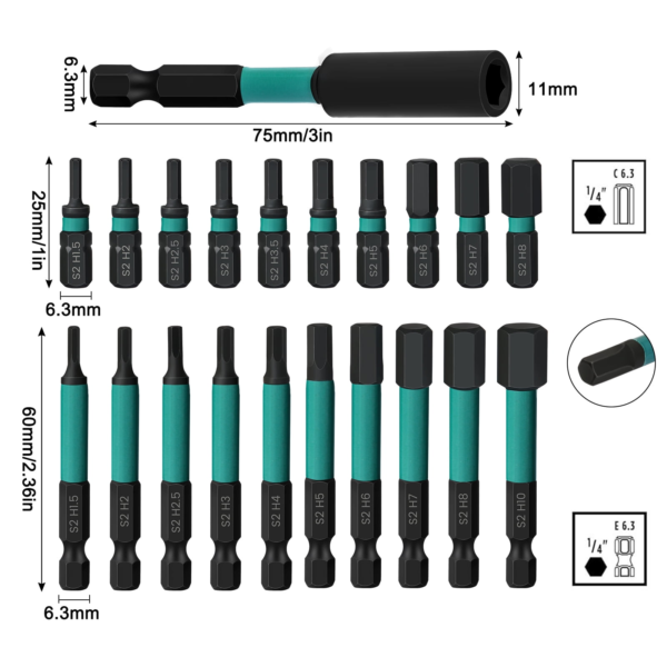 Hex Impact Bits Set 21pcs,1/4 Inch Hex Shank Magnetic Allen Wrench Screwdriver Bit Set - Image 3